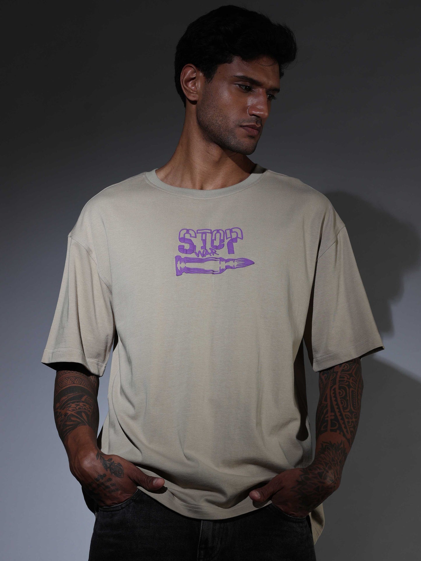 Men's Oversized T-shirt - Beige - OSTS-1427