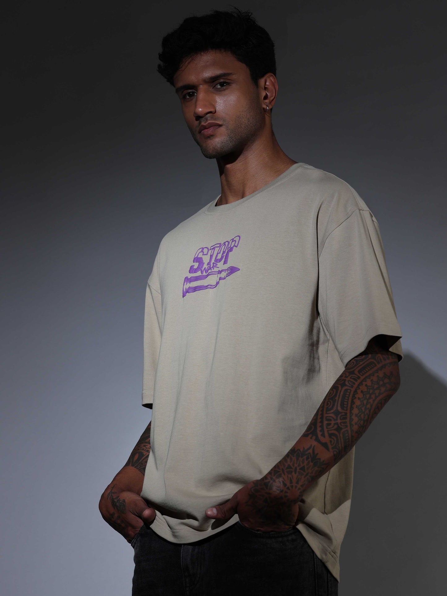 Men's Oversized T-shirt - Beige - OSTS-1427