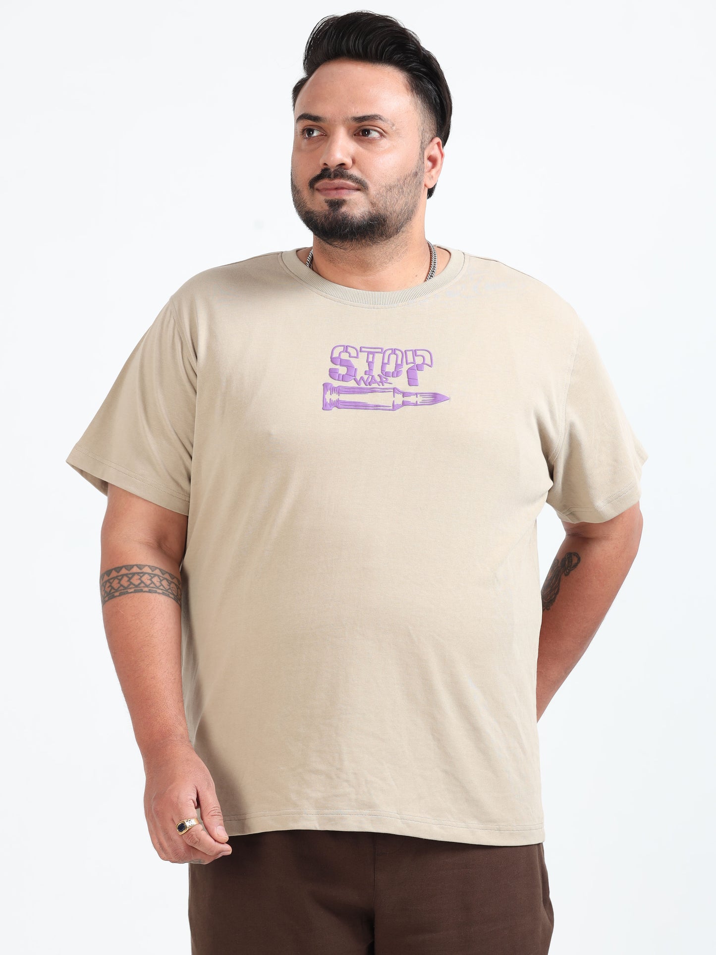 Stop War Plus Size T- Shirt - Beige - PSTS-2327